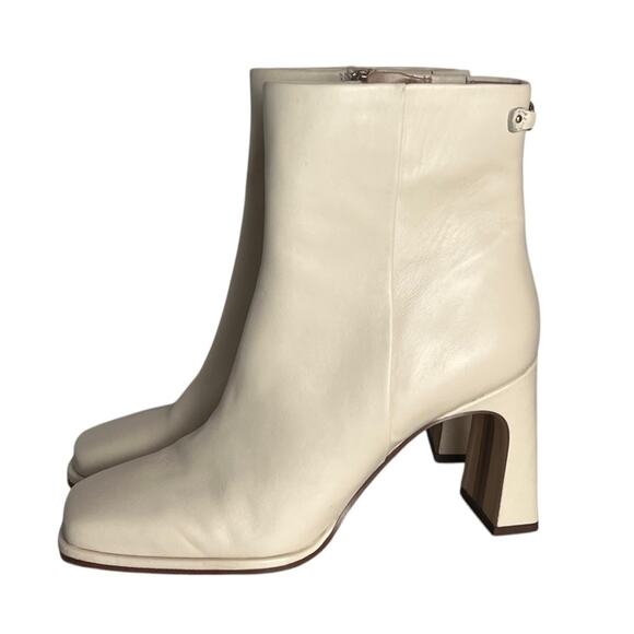 Sam Edelman Irie Heeled Leather Booties Womens 8.5 Cream Square Toe Mid Calf - Picture 1 of 12